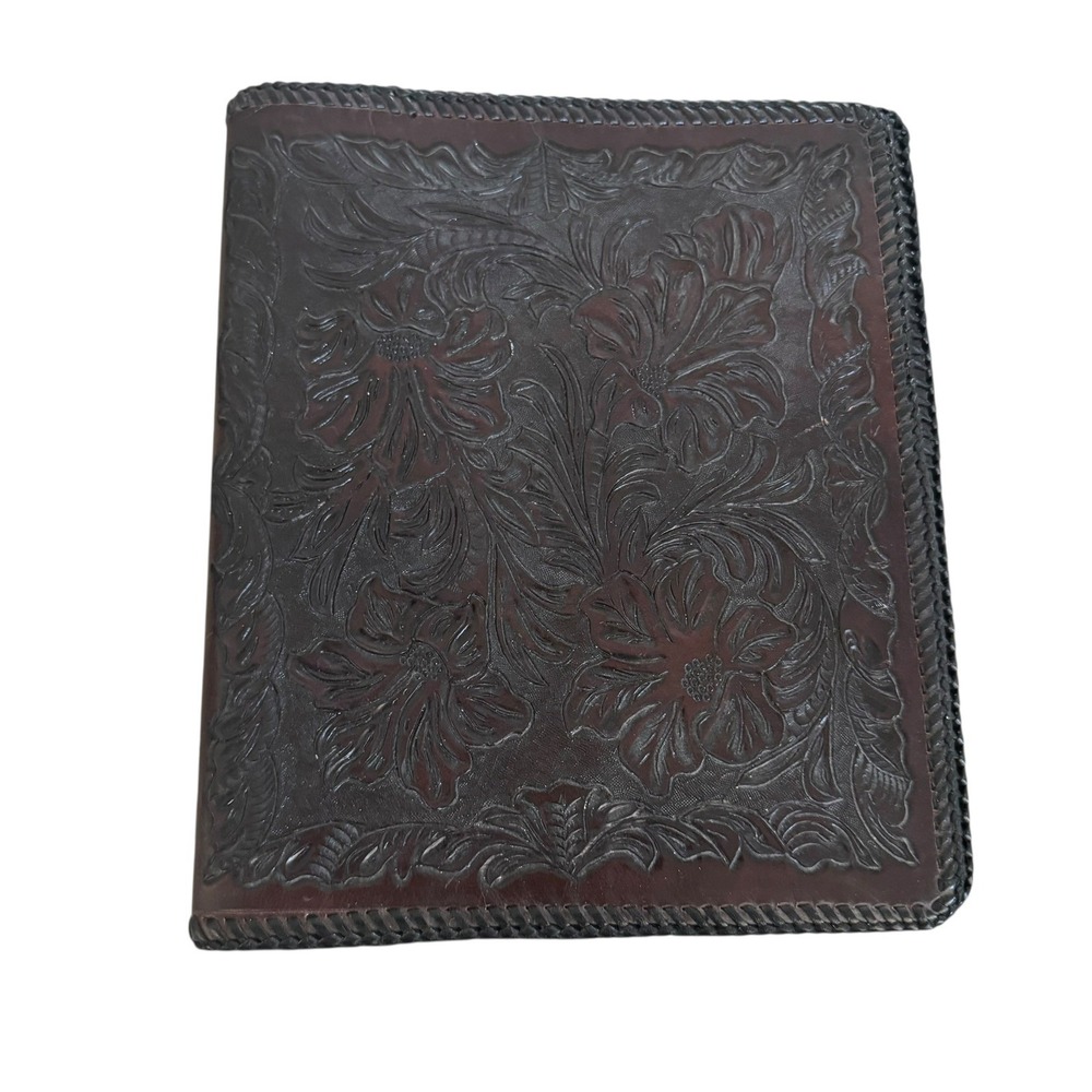Vintage Dark Brown Hand Tooled Leather Floral Portfolio Cover Whipstitch Western